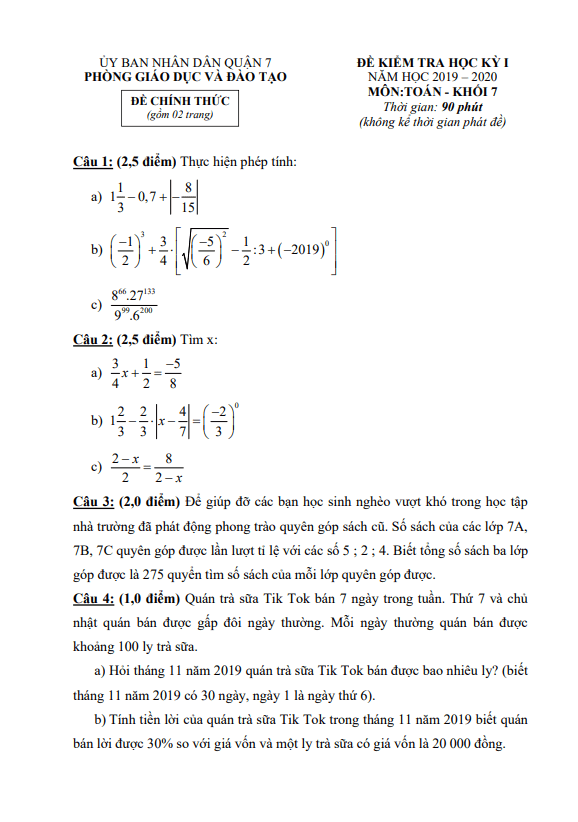 Đề thi học kì 1 (HK1) lớp 7 môn Toán năm 2019 2020 phòng GD ĐT Quận 7 TP HCM
