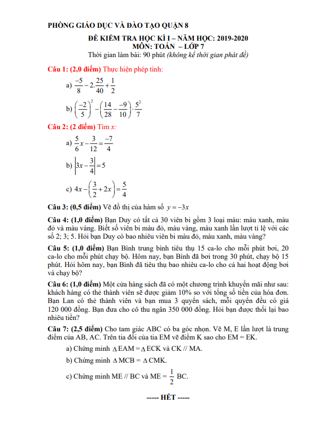 Đề thi học kì 1 (HK1) lớp 7 môn Toán năm 2019 2020 phòng GD ĐT Quận 8 TP HCM