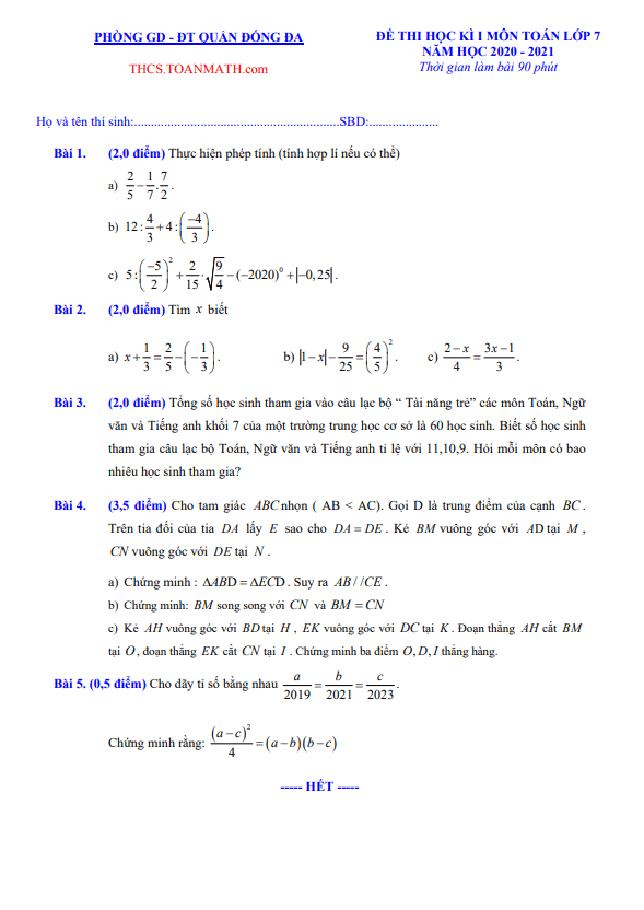 Đề thi học kì 1 (HK1) lớp 7 môn Toán năm 2020 2021 phòng GD ĐT Đống Đa Hà Nội