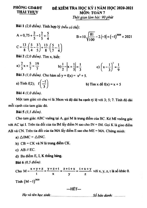 Đề thi học kì 1 (HK1) lớp 7 môn Toán năm 2020 2021 phòng GD ĐT Thái Thụy Thái Bình