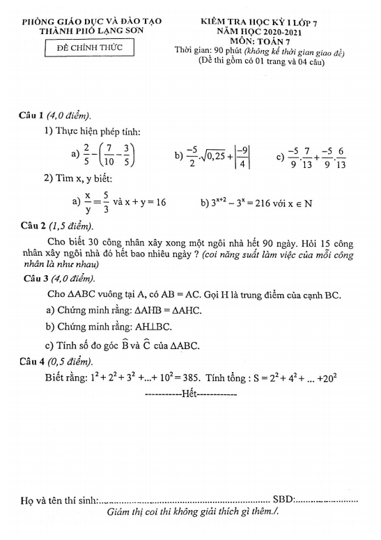 Đề thi học kì 1 (HK1) lớp 7 môn Toán năm 2020 2021 phòng GD ĐT thành phố Lạng Sơn