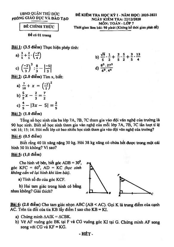 Đề thi học kì 1 (HK1) lớp 7 môn Toán năm 2020 2021 phòng GD ĐT Thủ Đức TP HCM