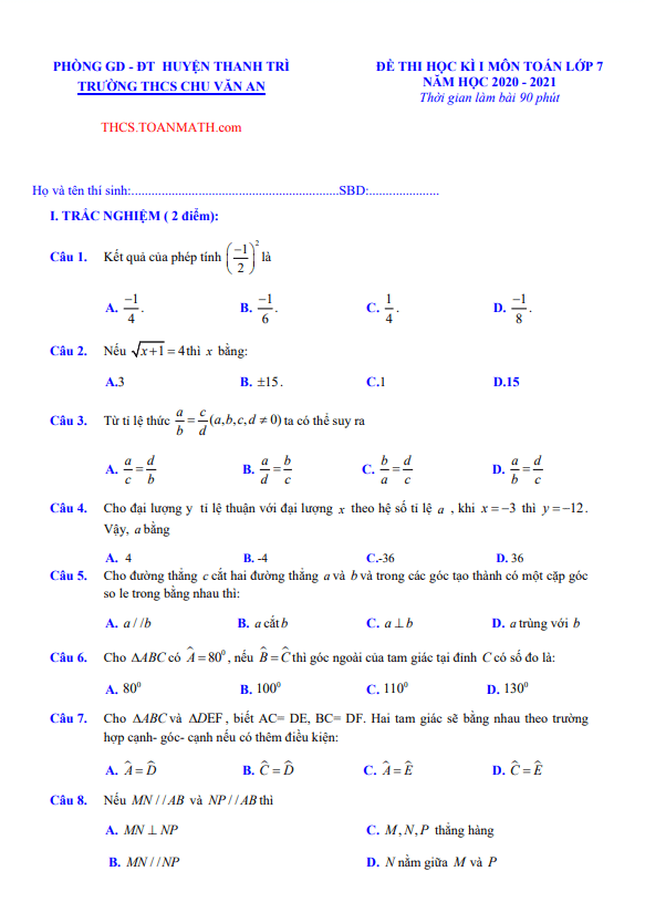 Đề thi học kì 1 (HK1) lớp 7 môn Toán năm 2020 2021 trường THCS Chu Văn An Hà Nội