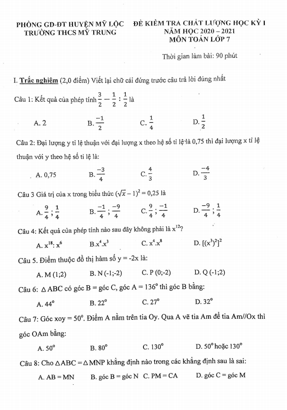 Đề thi học kì 1 (HK1) lớp 7 môn Toán năm 2020 2021 trường THCS Mỹ Trung Nam Định