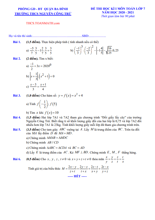 Đề thi học kì 1 (HK1) lớp 7 môn Toán năm 2020 2021 trường THCS Nguyễn Công Trứ Hà Nội