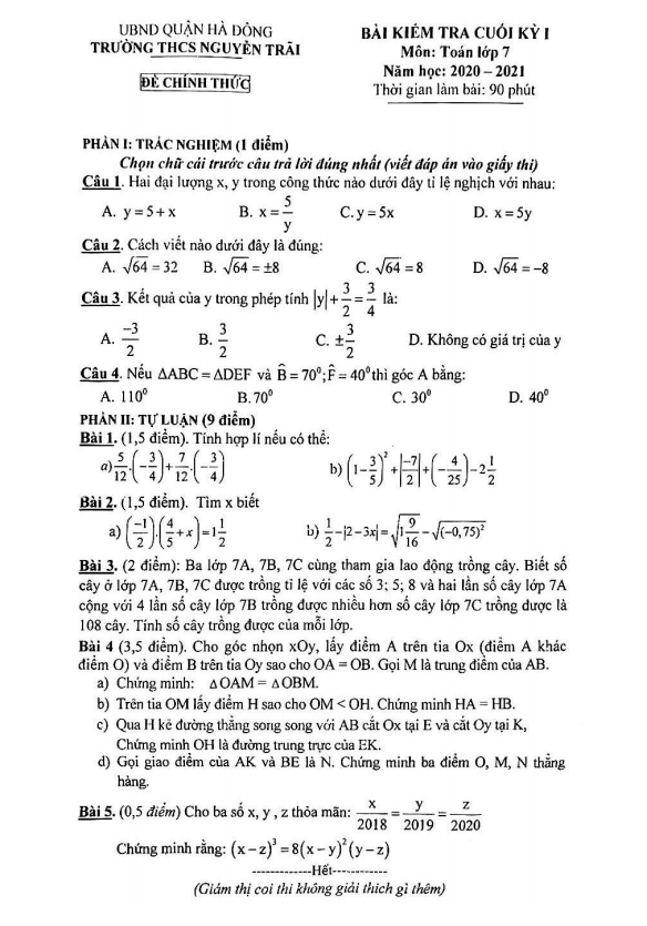 Đề thi học kì 1 (HK1) lớp 7 môn Toán năm 2020 2021 trường THCS Nguyễn Trãi Hà Nội
