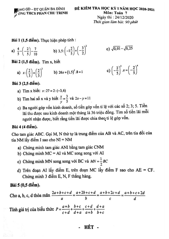 Đề thi học kì 1 (HK1) lớp 7 môn Toán năm 2020 2021 trường THCS Phan Chu Trinh Hà Nội