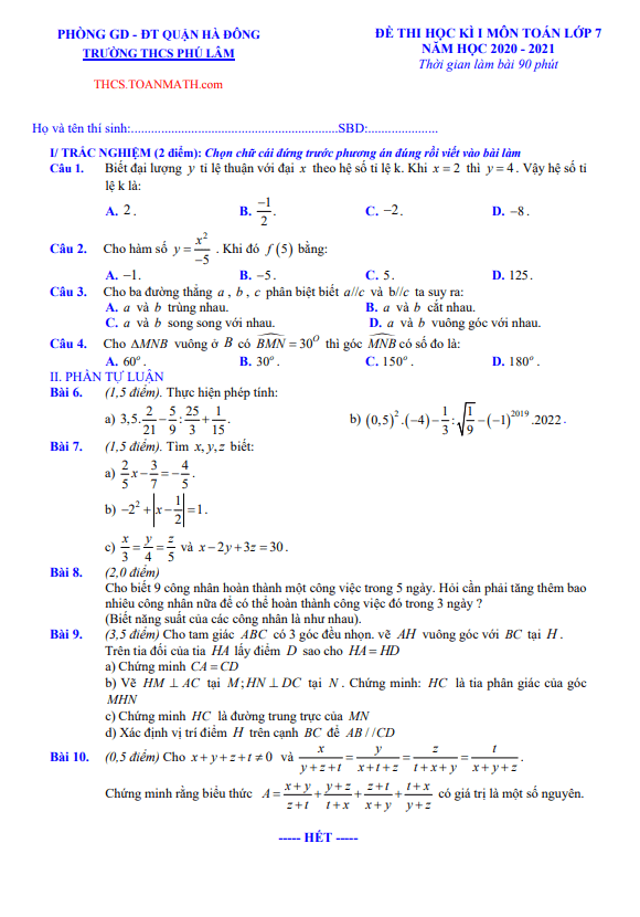 Đề thi học kì 1 (HK1) lớp 7 môn Toán năm 2020 2021 trường THCS Phú Lâm Hà Nội