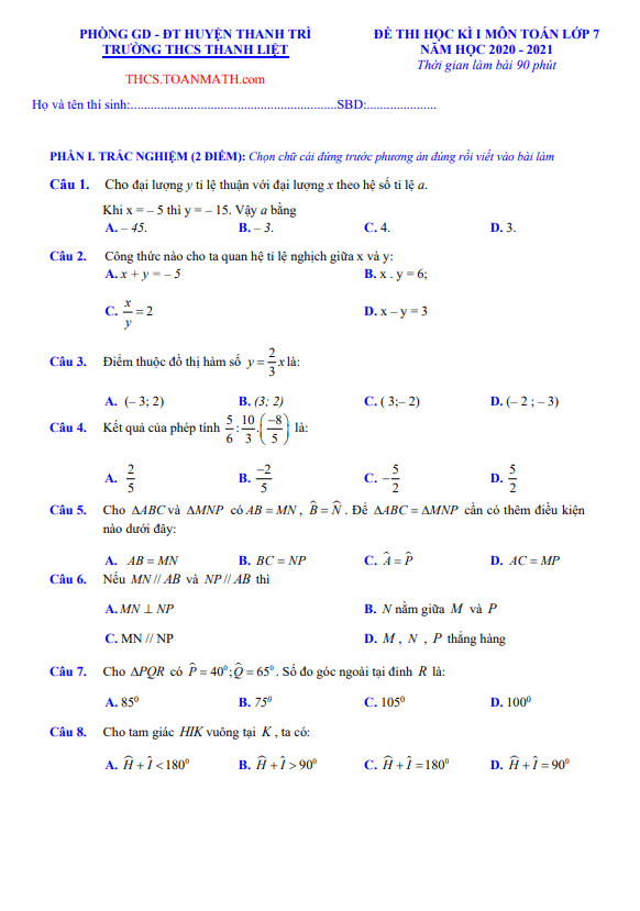 Đề thi học kì 1 (HK1) lớp 7 môn Toán năm 2020 2021 trường THCS Thanh Liệt Hà Nội
