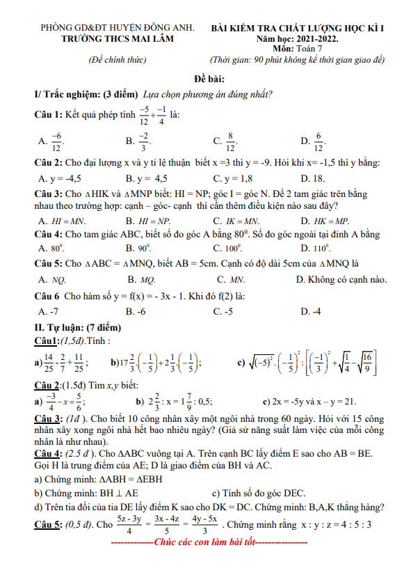 Đề thi học kì 1 (HK1) lớp 7 môn Toán năm 2021 2022 trường THCS Mai Lâm Hà Nội
