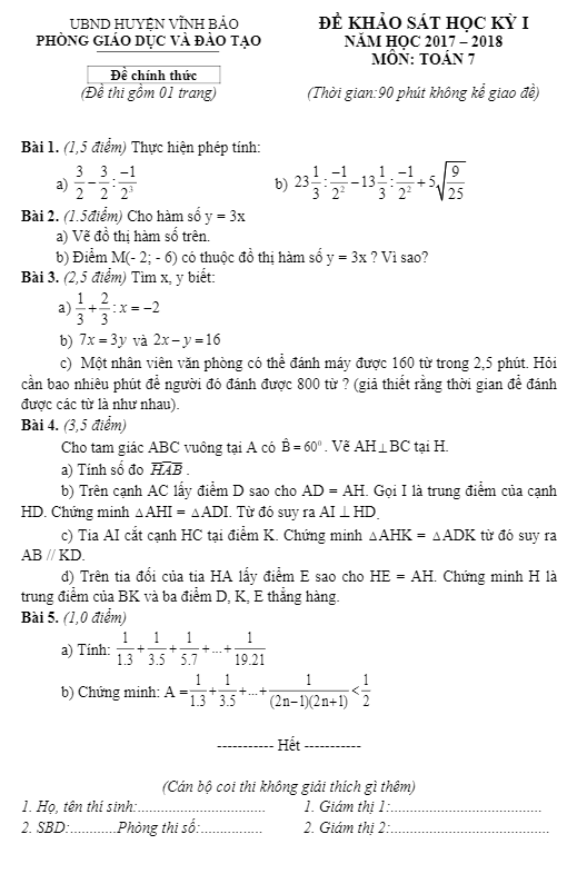 Đề thi học kì 1 (HK1) lớp 7 môn Toán năm học 2017 2018 phòng GD và ĐT Vĩnh Bảo Hải Phòng