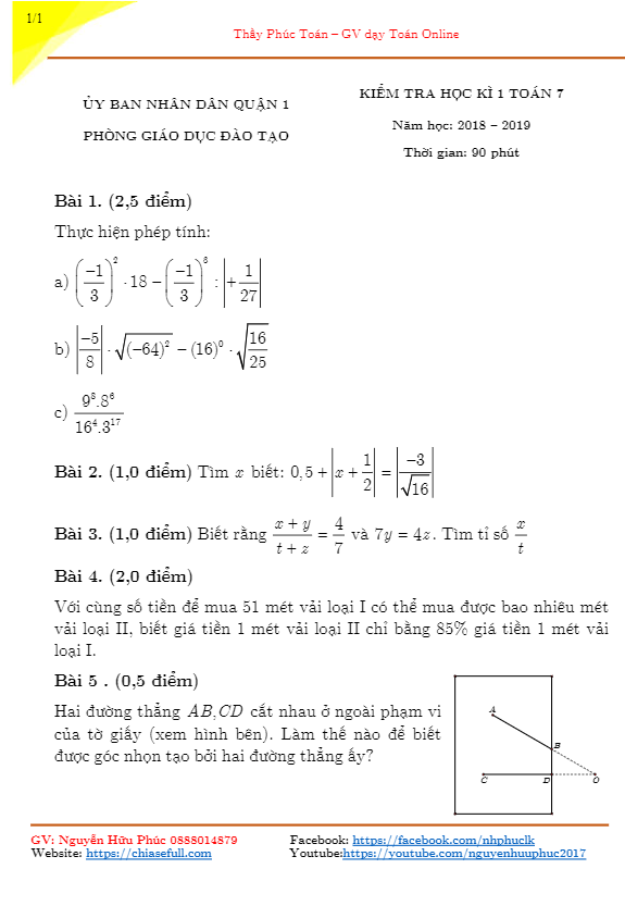 Đề thi học kì 1 (HK1) lớp 7 môn Toán năm học 2018 2019 phòng GD ĐT Quận 1 TP. HCM