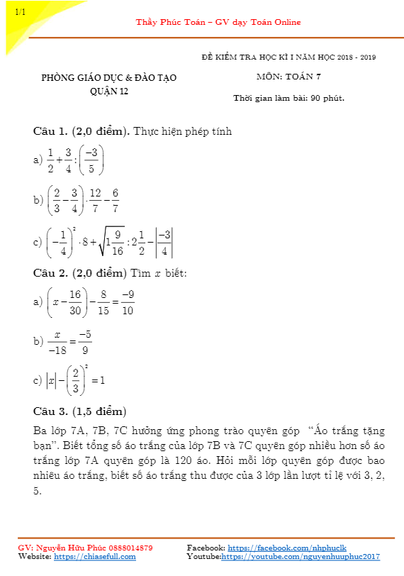 Đề thi học kì 1 (HK1) lớp 7 môn Toán năm học 2018 2019 phòng GD ĐT Quận 12 TP. HCM