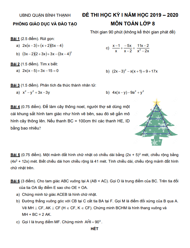 Đề thi học kì 1 (HK1) lớp 8 môn Toán năm 2019 2020 phòng GD ĐT Bình Thạnh TP HCM