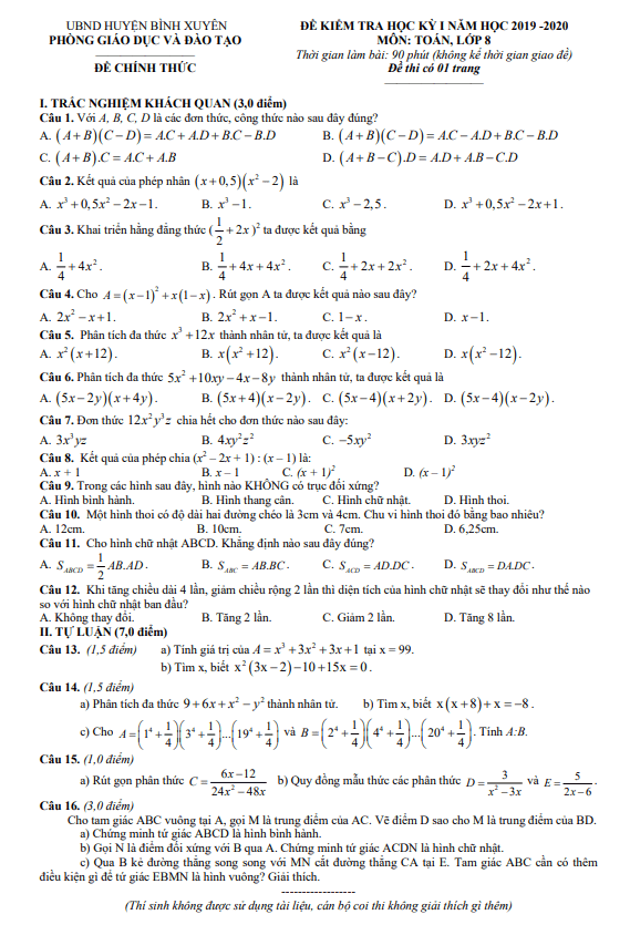 Đề thi học kì 1 (HK1) lớp 8 môn Toán năm 2019 2020 phòng GD ĐT Bình Xuyên Vĩnh Phúc