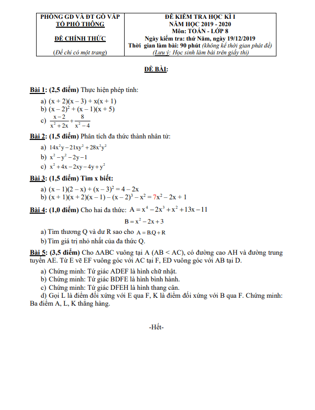 Đề thi học kì 1 (HK1) lớp 8 môn Toán năm 2019 2020 phòng GD ĐT Gò Vấp TP HCM