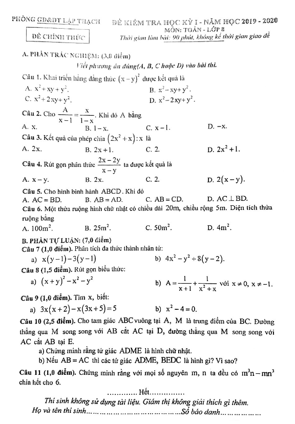 Đề thi học kì 1 (HK1) lớp 8 môn Toán năm 2019 2020 phòng GD ĐT Lập Thạch Vĩnh Phúc