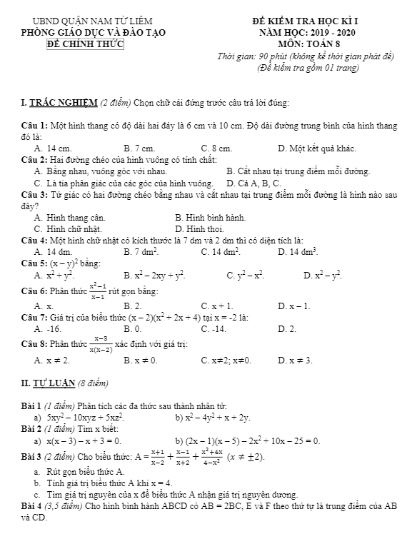 Đề thi học kì 1 (HK1) lớp 8 môn Toán năm 2019 2020 phòng GD ĐT Nam Từ Liêm Hà Nội