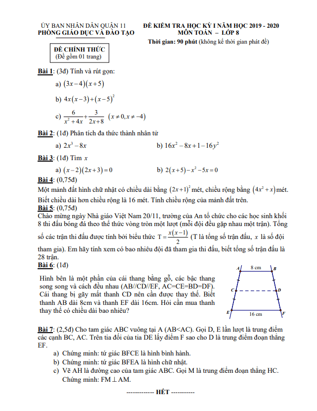 Đề thi học kì 1 (HK1) lớp 8 môn Toán năm 2019 2020 phòng GD ĐT Quận 11 TP HCM