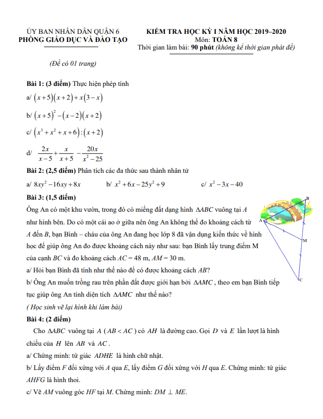 Đề thi học kì 1 (HK1) lớp 8 môn Toán năm 2019 2020 phòng GD ĐT Quận 6 TP HCM