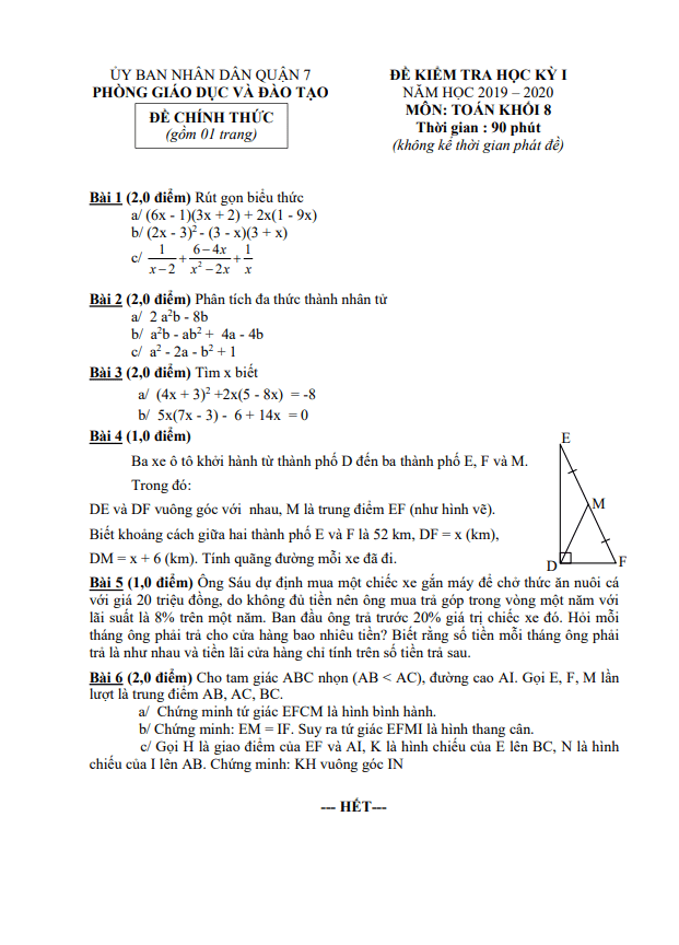 Đề thi học kì 1 (HK1) lớp 8 môn Toán năm 2019 2020 phòng GD ĐT Quận 7 TP HCM