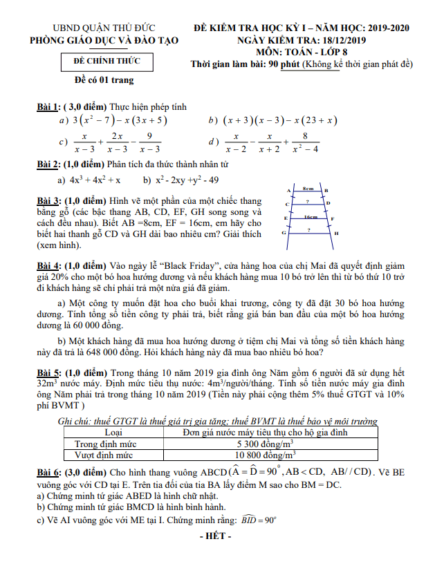 Đề thi học kì 1 (HK1) lớp 8 môn Toán năm 2019 2020 phòng GD ĐT Thủ Đức TP HCM