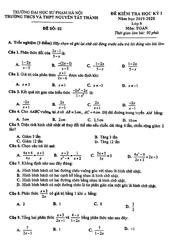 Đề thi học kì 1 (HK1) lớp 8 môn Toán năm 2019 2020 trường Nguyễn Tất Thành Hà Nội