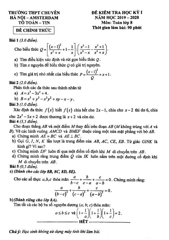 Đề thi học kì 1 (HK1) lớp 8 môn Toán năm 2019 2020 trường THPT chuyên Hà Nội Amsterdam