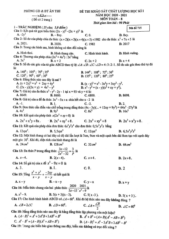 Đề thi học kì 1 (HK1) lớp 8 môn Toán năm 2020 2021 phòng GD ĐT Ân Thi Hưng Yên