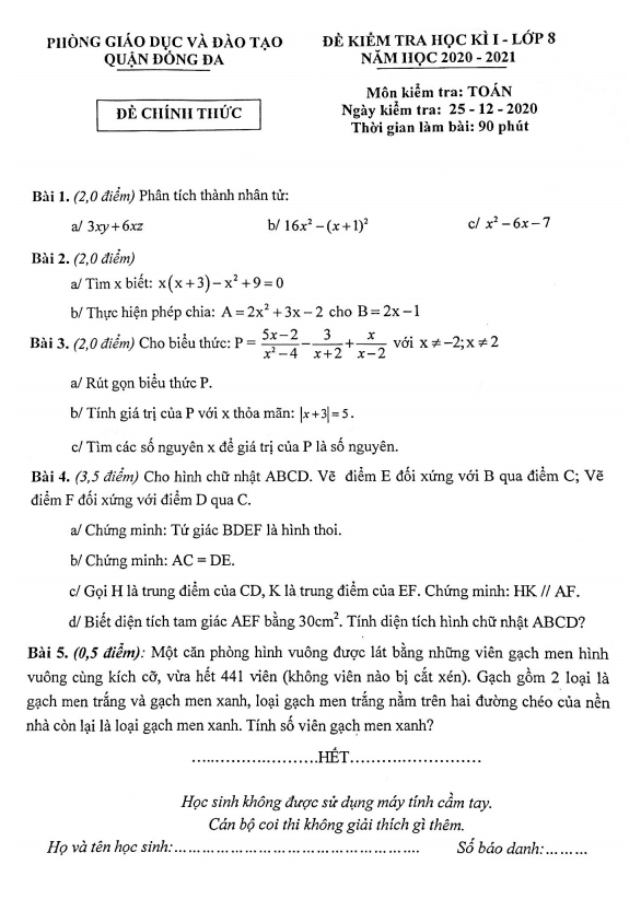 Đề thi học kì 1 (HK1) lớp 8 môn Toán năm 2020 2021 phòng GD ĐT Đống Đa Hà Nội
