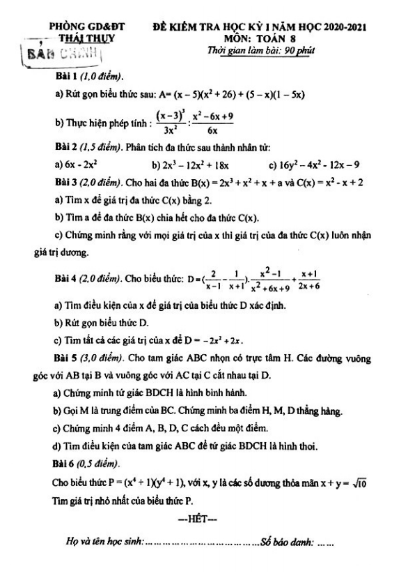 Đề thi học kì 1 (HK1) lớp 8 môn Toán năm 2020 2021 phòng GD ĐT Thái Thụy Thái Bình