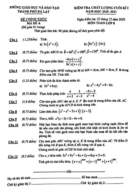 Đề thi học kì 1 (HK1) lớp 8 môn Toán năm 2020 2021 phòng GD ĐT TP Đà Lạt Lâm Đồng