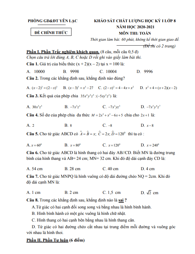 Đề thi học kì 1 (HK1) lớp 8 môn Toán năm 2020 2021 phòng GD ĐT Yên Lạc Vĩnh Phúc