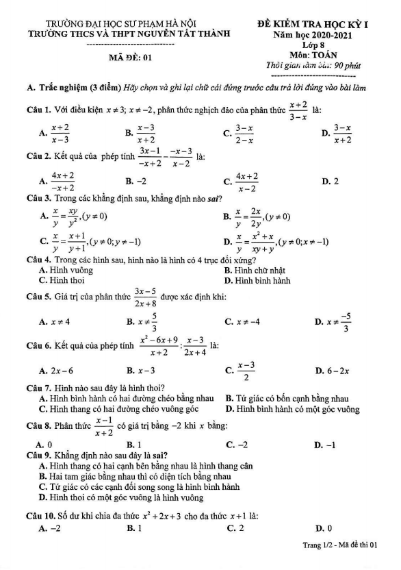 Đề thi học kì 1 (HK1) lớp 8 môn Toán năm 2020 2021 trường Nguyễn Tất Thành Hà Nội