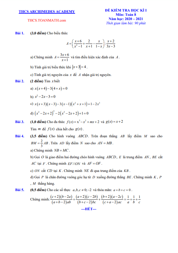 Đề thi học kì 1 (HK1) lớp 8 môn Toán năm 2020 2021 trường THCS Archimedes Academy Hà Nội
