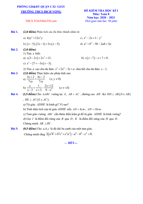 Đề thi học kì 1 (HK1) lớp 8 môn Toán năm 2020 2021 trường THCS Dịch Vọng Hà Nội