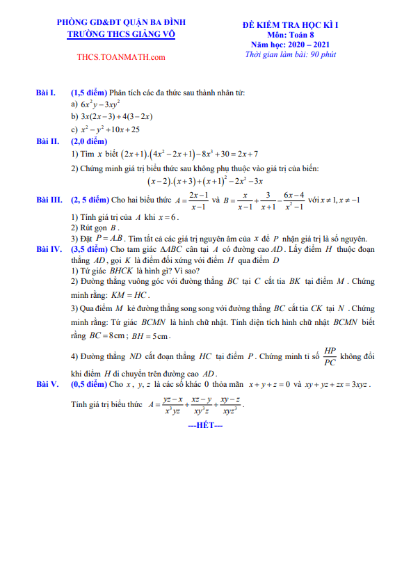 Đề thi học kì 1 (HK1) lớp 8 môn Toán năm 2020 2021 trường THCS Giảng Võ Hà Nội