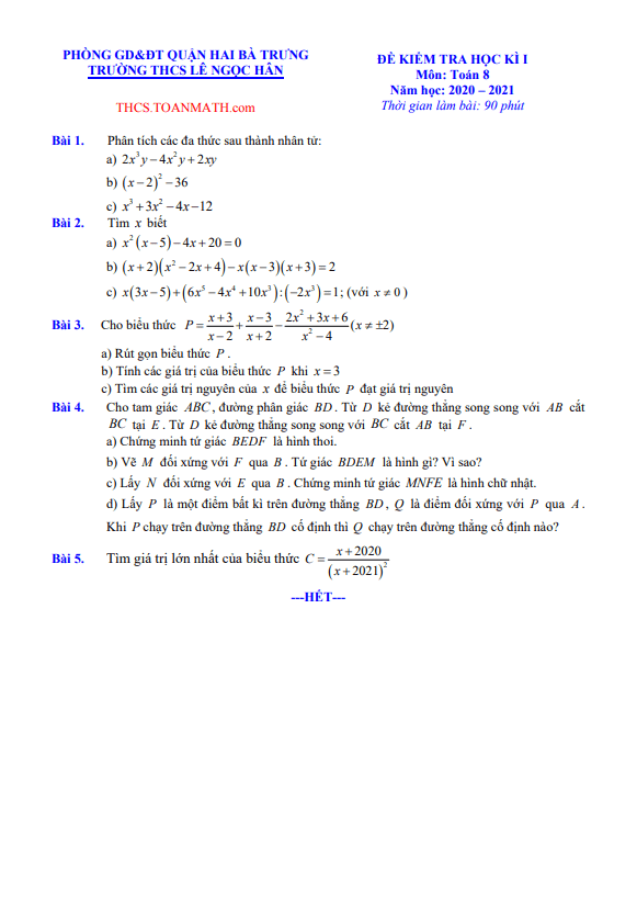 Đề thi học kì 1 (HK1) lớp 8 môn Toán năm 2020 2021 trường THCS Lê Ngọc Hân Hà Nội