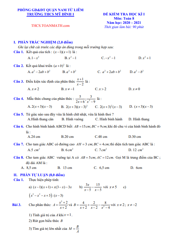 Đề thi học kì 1 (HK1) lớp 8 môn Toán năm 2020 2021 trường THCS Mỹ Đình 1 Hà Nội