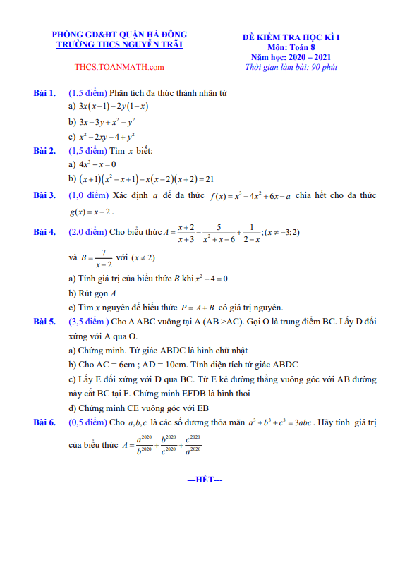 Đề thi học kì 1 (HK1) lớp 8 môn Toán năm 2020 2021 trường THCS Nguyễn Trãi Hà Nội