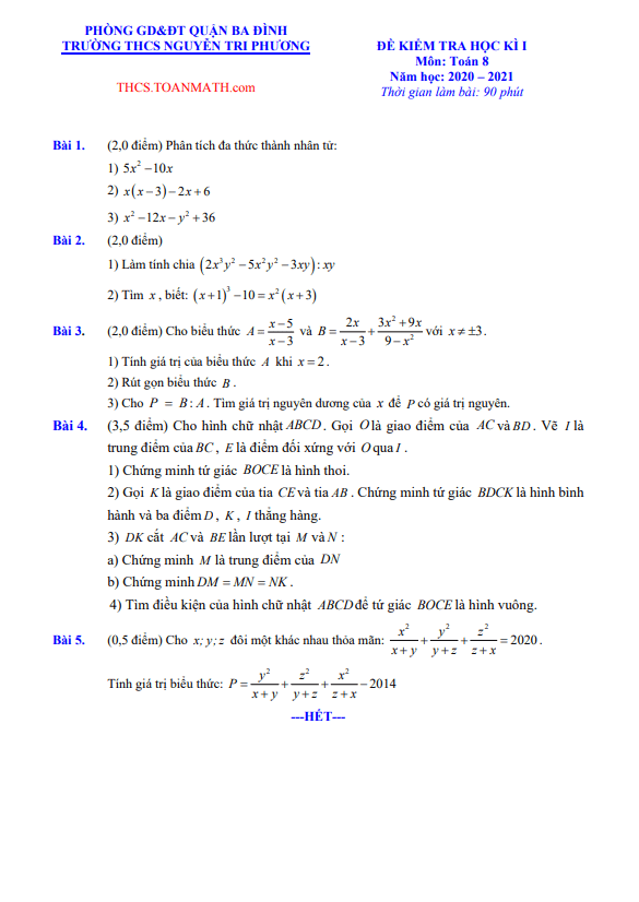 Đề thi học kì 1 (HK1) lớp 8 môn Toán năm 2020 2021 trường THCS Nguyễn Tri Phương Hà Nội