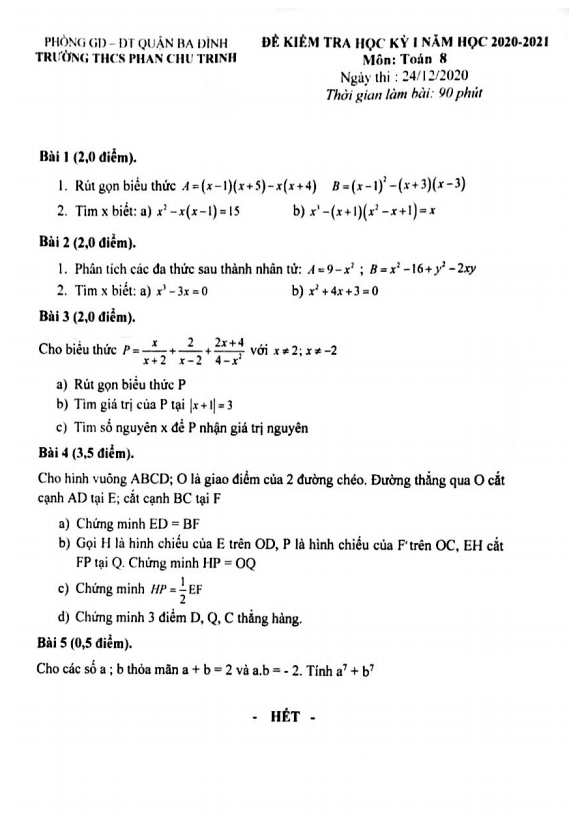 Đề thi học kì 1 (HK1) lớp 8 môn Toán năm 2020 2021 trường THCS Phan Chu Trinh Hà Nội