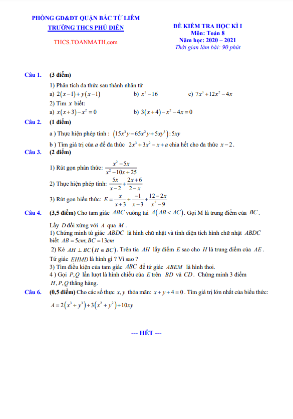 Đề thi học kì 1 (HK1) lớp 8 môn Toán năm 2020 2021 trường THCS Phú Diễn Hà Nội