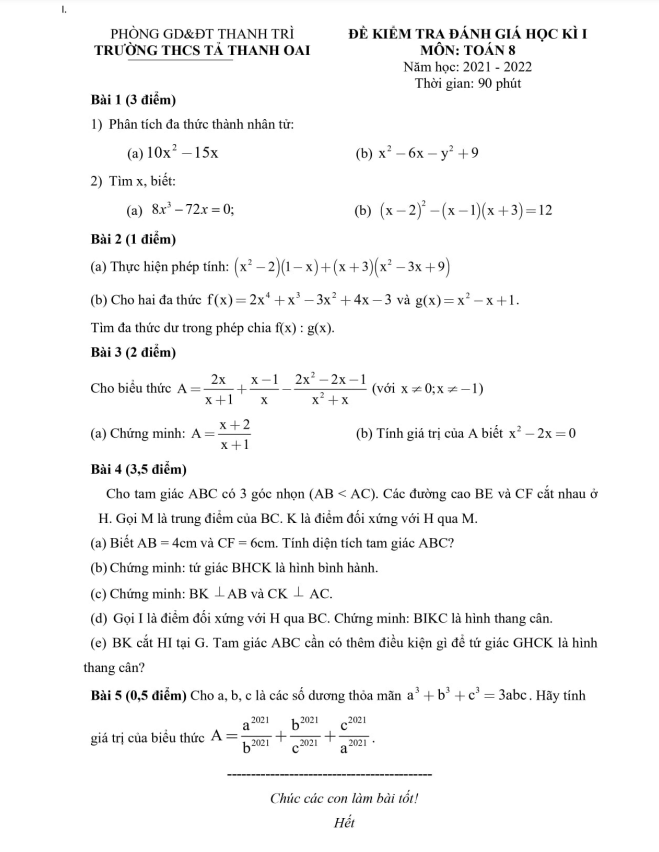 Đề thi học kì 1 (HK1) lớp 8 môn Toán năm 2021 2022 trường THCS Tả Thanh Oai Hà Nội