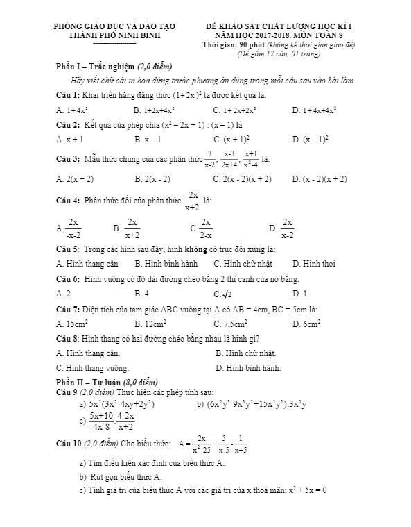 Đề thi học kì 1 (HK1) lớp 8 môn Toán năm học 2017 2018 phòng GD và ĐT thành phố Ninh Bình