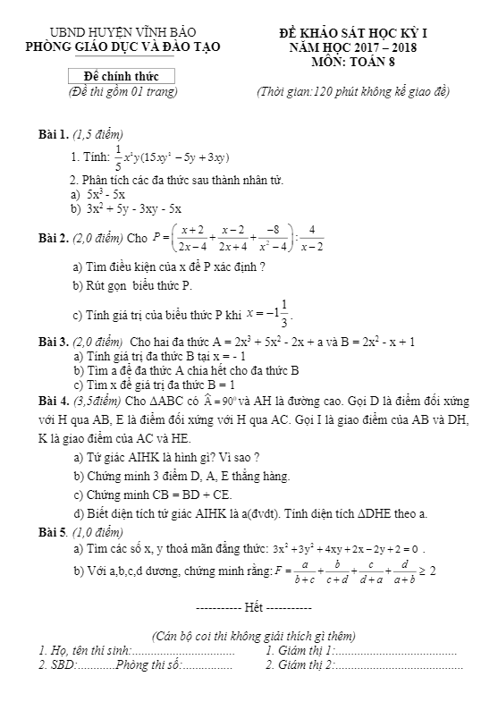Đề thi học kì 1 (HK1) lớp 8 môn Toán năm học 2017 2018 phòng GD và ĐT Vĩnh Bảo Hải Phòng