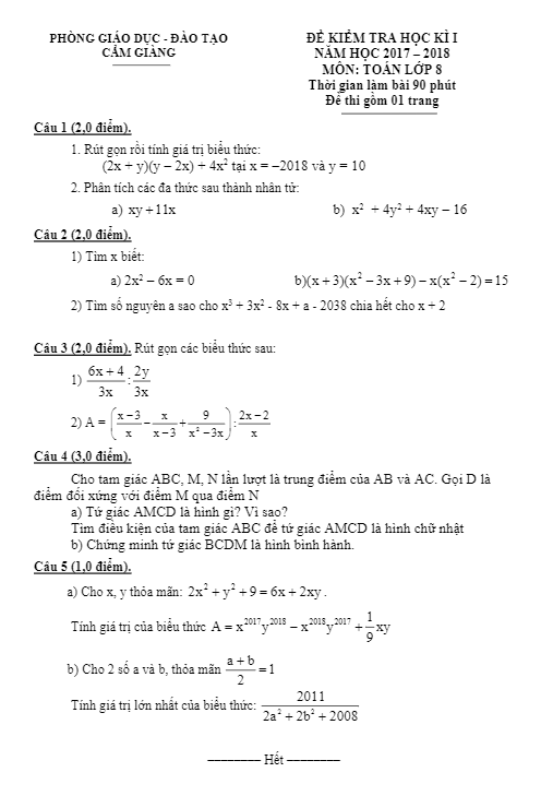 Đề thi học kì 1 (HK1) lớp 8 môn Toán năm học 2017 2018 phòng Giáo dục và Đào tạo Cẩm Giàng Hải Dương
