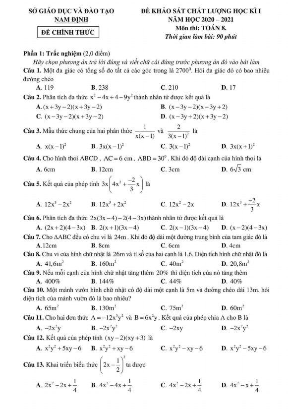 Đề thi học kì 1 (HK1) lớp 8 môn Toán năm học 2020 2021 sở GD ĐT Nam Định