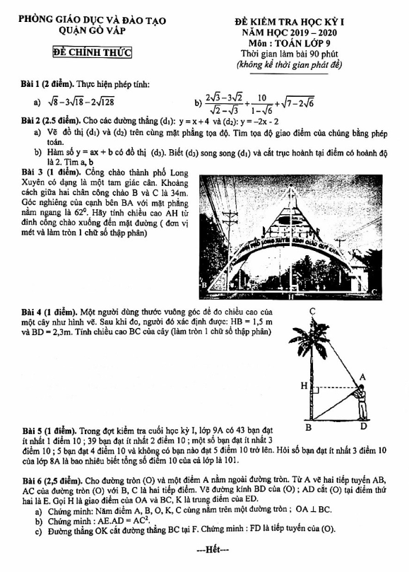 Đề thi học kì 1 (HK1) lớp 9 môn Toán năm 2019 2020 phòng GD ĐT Gò Vấp TP HCM