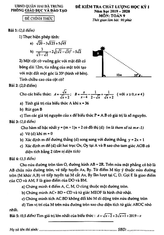 Đề thi học kì 1 (HK1) lớp 9 môn Toán năm 2019 2020 phòng GD ĐT Hai Bà Trưng Hà Nội